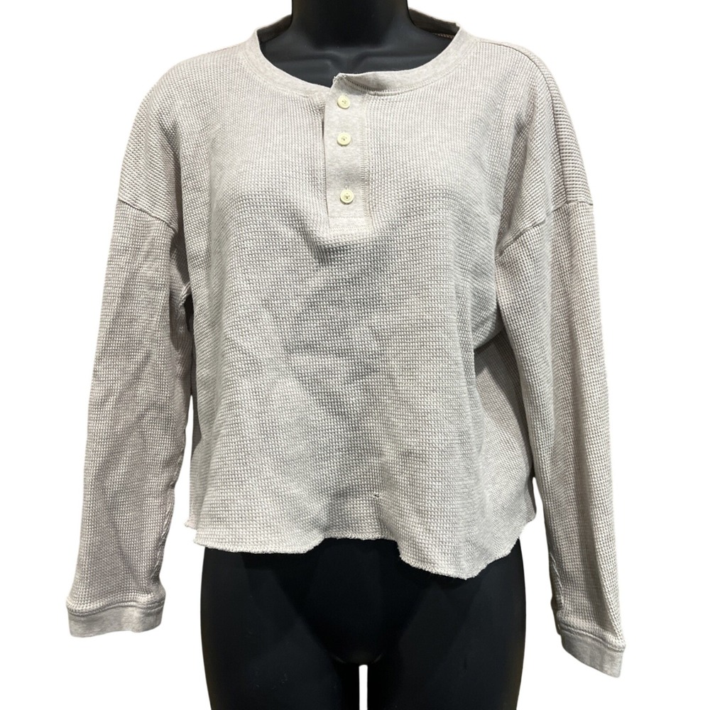 Everlane Henley Top Women Large Oatmeal Organic Cotton‎ Waffle Knit Relaxed Crop